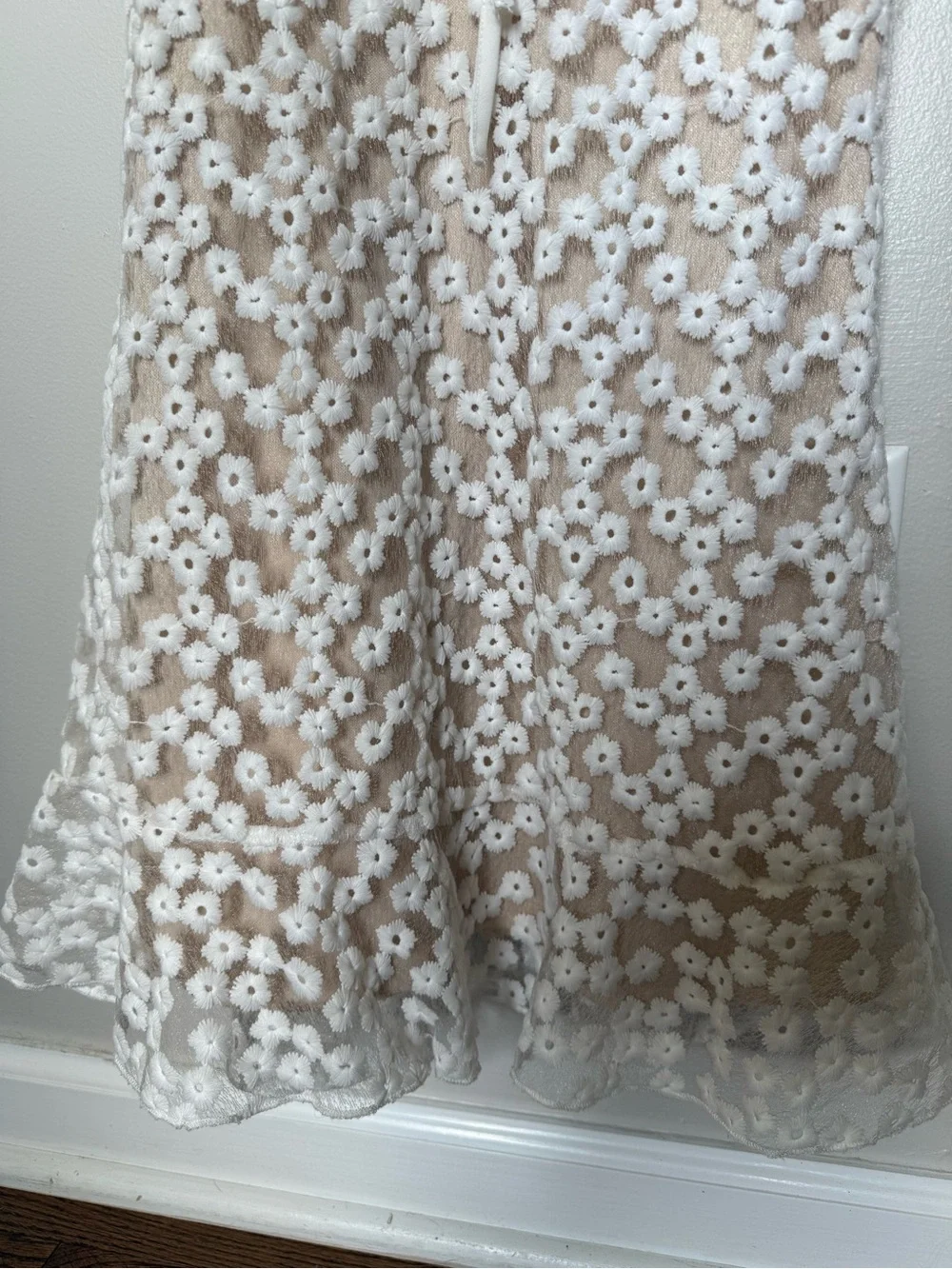 Lulus white nude embroidered mini dress ruffle S - Picture 9 of 10